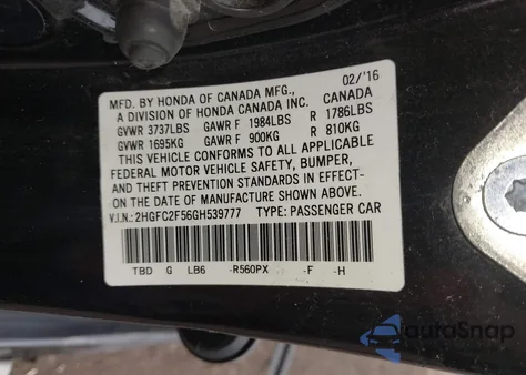 2016 Honda Civic Lx from USA, damaged, VIN 2HGFC2F56GH539777